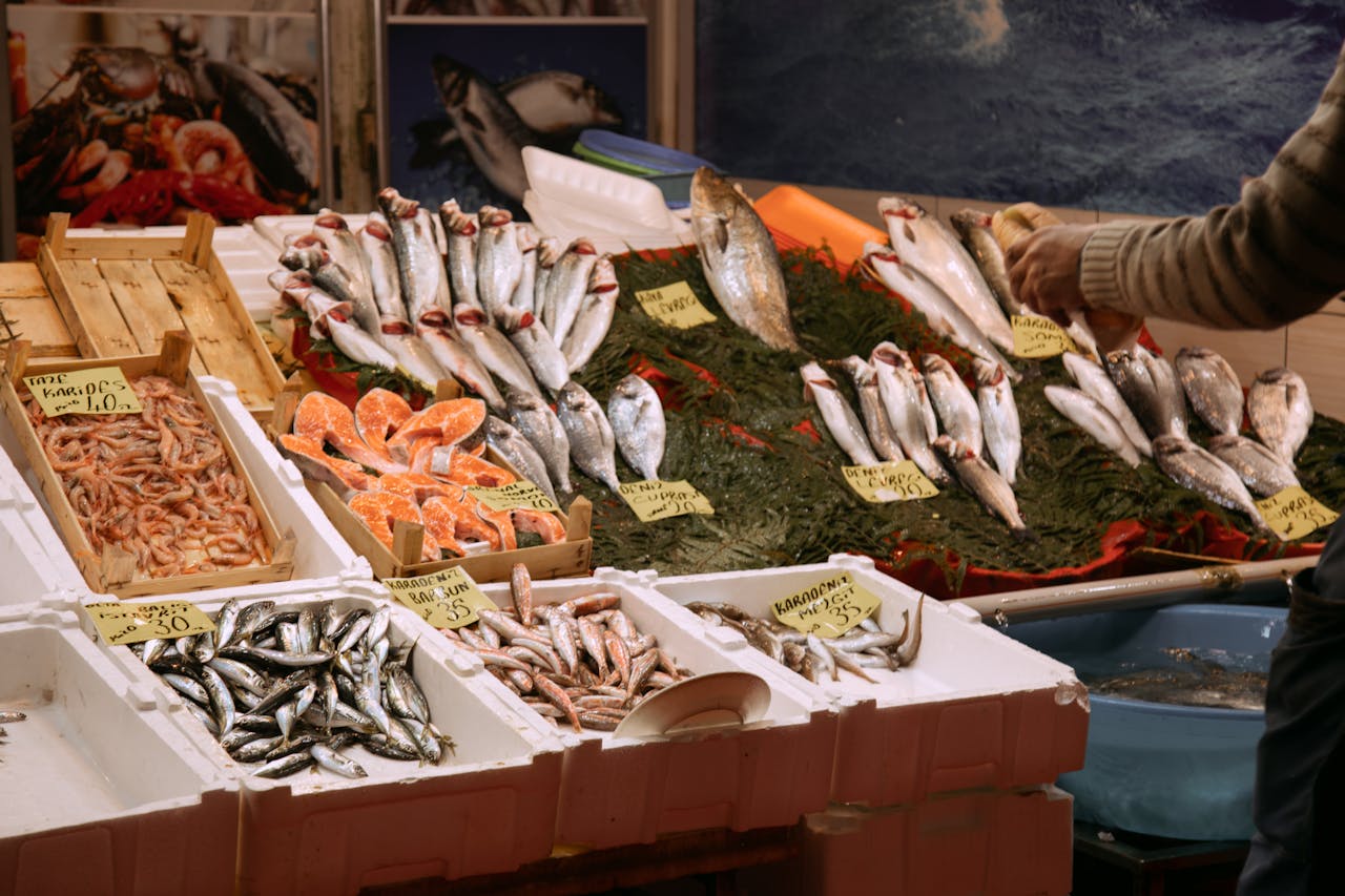 about-03 Vibrant seafood display at a market in Istanbul, showcasing various fresh fish and shrimp.